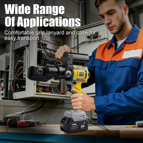 Battery Powered Hydraulic Crimping Tool With 8 Ton Force, Sick Electric Cable Crimper Kit featuring ergonomic grip and battery.