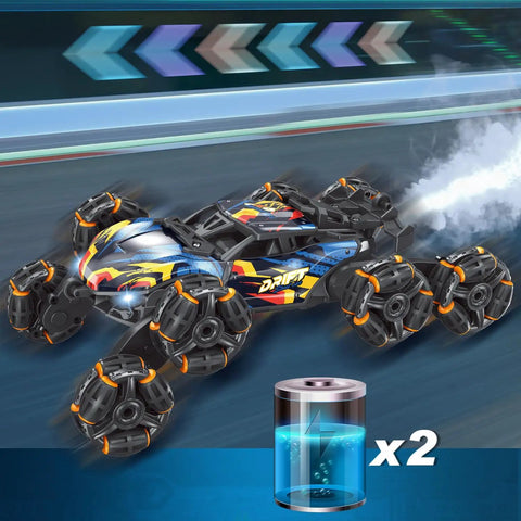 Epic 8 Wheel Hand Controlled RC Stunt Car With Gesture Sensing Remote racing on track with smoke trail, includes two batteries