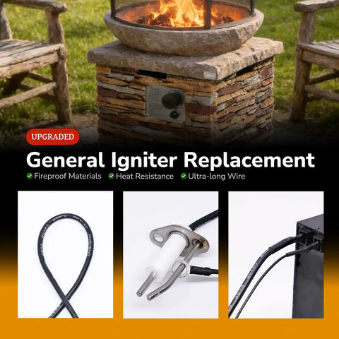 Extra Long Grill Igniter Replacement With Ceramic Shield Electrodes, cables, and outdoor fireplace in background