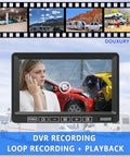 Image of 7-inch monitor showing Wireless 1080P RV Backup Camera System with Dual Antennas, featuring DVR recording display.