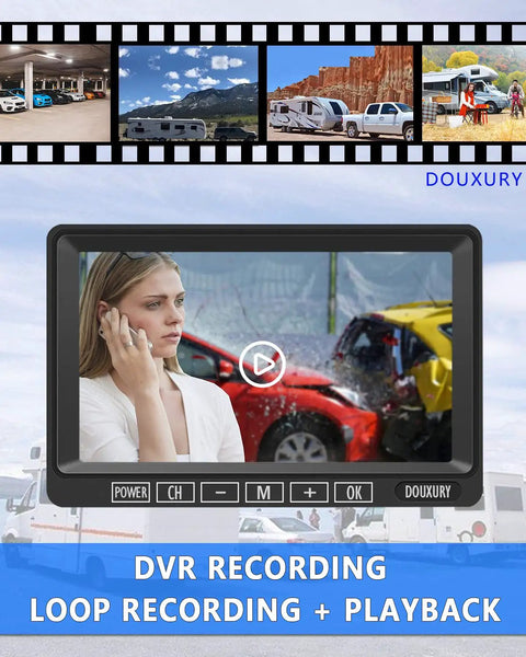 Image of 7-inch monitor showing Wireless 1080P RV Backup Camera System with Dual Antennas, featuring DVR recording display.
