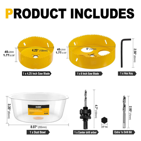 Workhorse Six And Four Inch Hole Saw Kit With Reusable Silicone Dust Bowl for smooth cuts on drywall and plaster.
