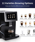 Super Fully Automatic Bean To Cup Espresso Coffee Machine With 7 Inch HD Touchscreen showing 11 brewing options and coffee beverages.