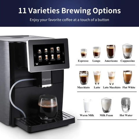 Super Fully Automatic Bean To Cup Espresso Coffee Machine With 7 Inch HD Touchscreen showing 11 brewing options and coffee beverages.