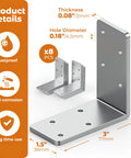 Eight 3x3 Inch L Brackets Straight Up Heavy Duty Galvanized Corner Braces With Recessed Holes For Wood Beams Floating Shelves Furniture Bed Frame Built Like A Tank Daily Use showing two brackets with dimensions and features.