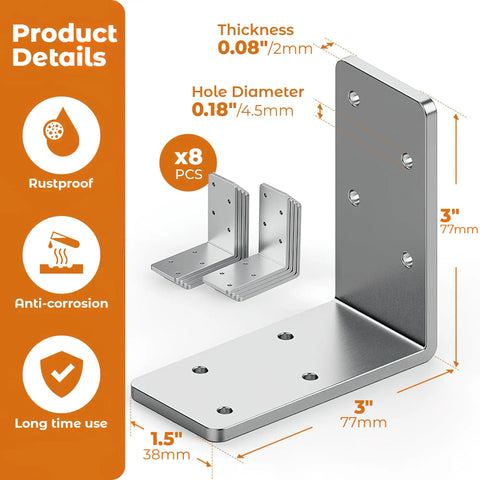 Eight 3x3 Inch L Brackets Straight Up Heavy Duty Galvanized Corner Braces With Recessed Holes For Wood Beams Floating Shelves Furniture Bed Frame Built Like A Tank Daily Use showing two brackets with dimensions and features.