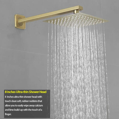 Brushed Gold 8 Inch Square Rainfall Shower Head Set With 14 Inch Extra Long Shower Arm All Metal High Pressure Shower Faucet Kit Including Rough In Valve And Trim For Modern Bathroom
