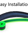 Three Rolls Bike Tire Liner Pro Grade TPU Protection Inner Tube Saver shown with green liner and easy installation text.