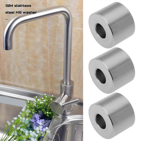 Hardcore Grade Eight Piece 304 Stainless Steel Spacer Sleeves M8 Unthreaded Bushings next to a kitchen faucet.