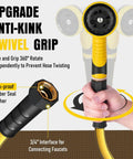 50 Ft Five Eighth Inch Heavy Duty Built To Last Garden Hose With Nozzle Flexible Lightweight Kink Resistant Hybrid Hose With Swivel Handle Durable Anti Burst Outer Layer High Pressure Ready Includes Male To Female Fittings, swivel grip detail