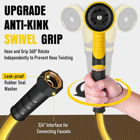 50 Ft Five Eighth Inch Heavy Duty Built To Last Garden Hose With Nozzle Flexible Lightweight Kink Resistant Hybrid Hose With Swivel Handle Durable Anti Burst Outer Layer High Pressure Ready Includes Male To Female Fittings, swivel grip detail
