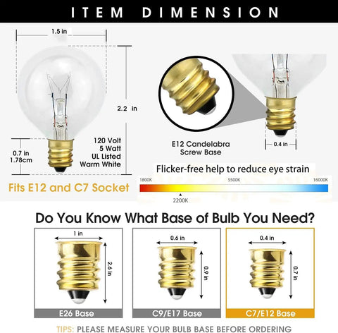 Dimensions and base types for G40 Replacement Bulbs 120V 5W Clear Globe Incandescent Lights Dimmable For E12 C7 Candelabra Base 25 Pack