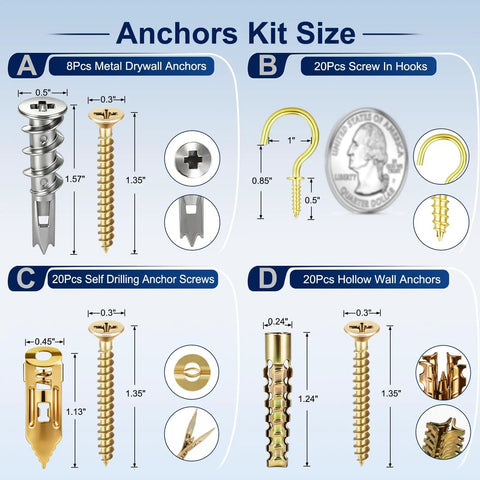 Picture Hanging Kit 116 Piece Set With Zinc Self Drilling Drywall Anchors, Screw Hooks, Hollow Wall Anchors, Expansion Screws chart
