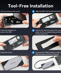 Step-by-step guide for tool-free installation of Blazing Fast M2 NVMe SSD Enclosure In Solid Aluminum with cooling fan.
