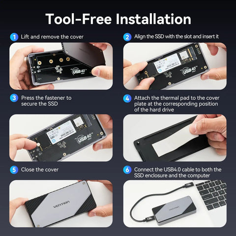 Step-by-step guide for tool-free installation of Blazing Fast M2 NVMe SSD Enclosure In Solid Aluminum with cooling fan.