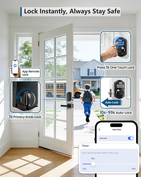 Slick Wifi Smart Deadbolt Solid Keyless Entry Door Lock Matte Black App Sync features app control, privacy knob, and auto-lock settings.