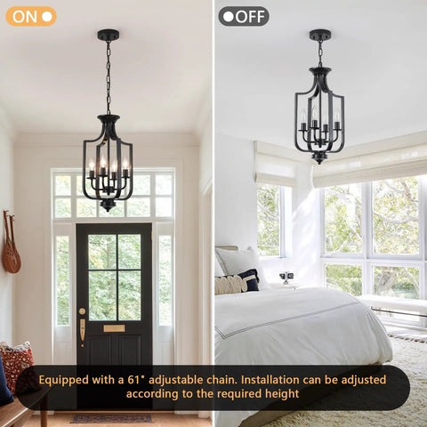 10.63 Inch Black Farmhouse Chandelier With Four Lights in hallway and bedroom settings