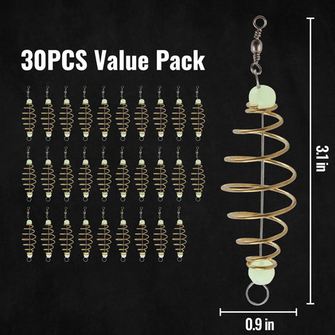 Glow In The Dark Fishing Bait Cage Set With 30 Pcs Spring Feeder Rig Bait Holders on black background, dimensions shown