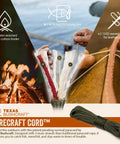 Survival Firecraft Paracord Bracelet With Three Extra Strands Wax Thread Tinder And Fishing Line Bow Shackle For Camping And Emergency Use Army Green Large Size Built To Last Out Here For Real Outdoor Hustle showing cotton tinder, fishing line, and waxed thread