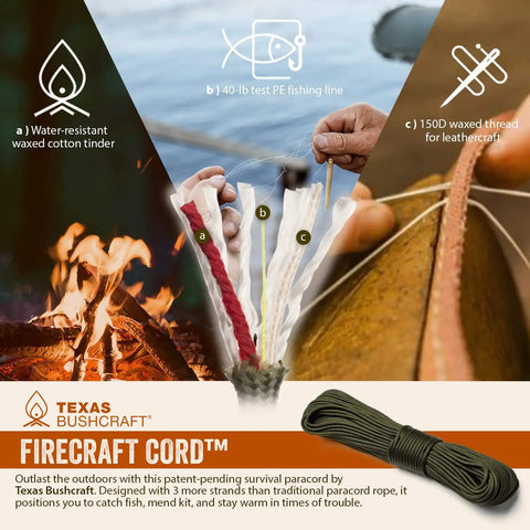 Survival Firecraft Paracord Bracelet With Three Extra Strands Wax Thread Tinder And Fishing Line Bow Shackle For Camping And Emergency Use Army Green Large Size Built To Last Out Here For Real Outdoor Hustle showing cotton tinder, fishing line, and waxed thread