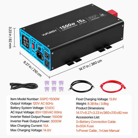 Big Dog 1500W Sump Pump Battery Backup System Supporting Dual Pumps Up To 3/4 HP image showing the inverter with connections and dimensions.