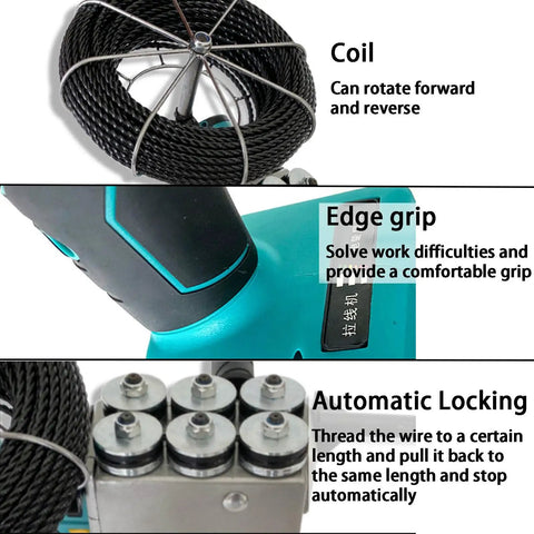 Heavy Duty Brushless Motor Electrical Wire Puller With Lithium Battery, featuring a coil, grip, and automatic locking mechanism.
