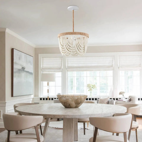 Bohemian Wood Beaded Pendant Light With White Finish Rustic Three Light Mini Chandelier for bedroom, hand rope knot design