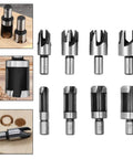 Badass Eight Piece Wood Plug Cutter Drill Bit Set Forged From Rock Solid High Carbon Steel With Killer Edge Retention For Slick Taper Cuts And Super Tight Finishes, displaying various sizes.