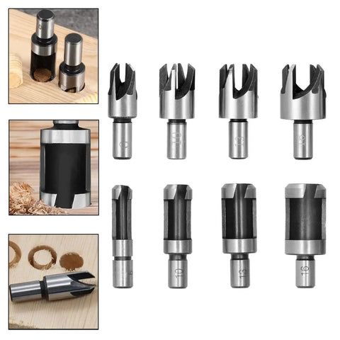 Badass Eight Piece Wood Plug Cutter Drill Bit Set Forged From Rock Solid High Carbon Steel With Killer Edge Retention For Slick Taper Cuts And Super Tight Finishes, displaying various sizes.