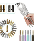 Image of Aglet Crimping Tool For Shoelaces Metal Lace Tips Replacement Kit with vice grip and metal aglets in four colors.