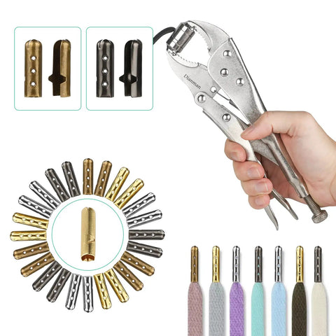 Image of Aglet Crimping Tool For Shoelaces Metal Lace Tips Replacement Kit with vice grip and metal aglets in four colors.