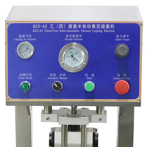 Heavy Duty Vacuum Capper For Glass Jars And Tin Cans With Adjustable 30 To 80 Mm Jaw featuring control panel and pressure gauges.