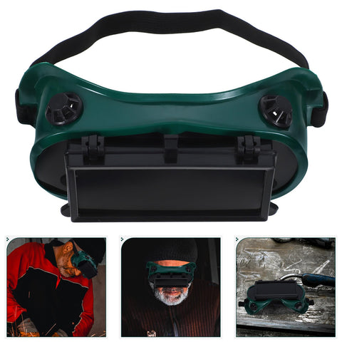 Heavy Duty Double Flip Welding Goggles With Impact Resistant Lenses And Smooth Flip Mechanism, front view, green material, shop use.