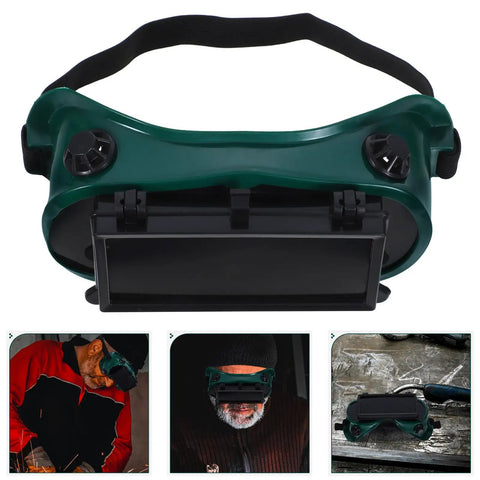 Heavy Duty Flip Up Welding Glasses Featuring Dual Impact Resistant Lenses, green polycarbonate with adjustable strap for safety.