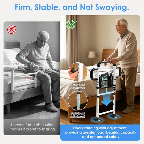Heavy Duty Bed Rail For Elderly Safety With Dual Handles, Adjustable To 600 Lbs; senior using stable bed rail.