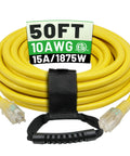 Outdoor 50 Feet Heavy Duty 10 Gauge Extension Cord With Lighted End, Waterproof 15 Amp 1875W SJTW, coiled with labels