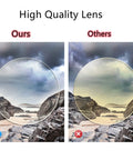 Comparison of high quality lens clarity by "Ours" and "Others" with scenic landscape view in background.