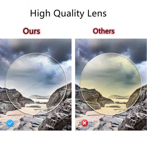 Comparison of high quality lens clarity by "Ours" and "Others" with scenic landscape view in background.