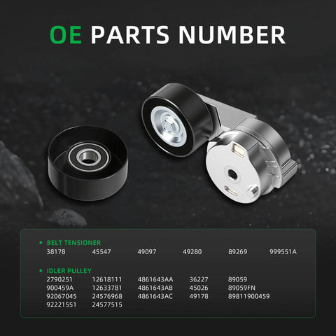 Heavy Duty Drive Belt Tensioner And Idler Pulley Kit For Chevrolet Trailblazer, Envoy, Rainier, Saab 9-7x, Ascender 4.2 Liter V6 With No Belt Included showing parts and numbers.