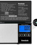 Display of 500G Digital Gram Scale High Precision 0.01G With Level Bubble for accurate weighing, showing instructions and blue screen.