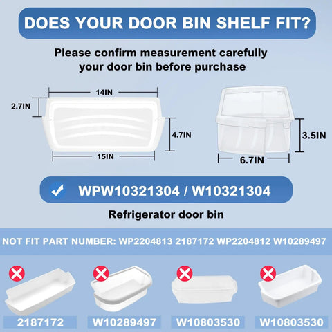 Two Pack Fridge Door Shelf Bin Replacement WPW10321304 Compatible With Kenmore And Whirlpool Refrigerators Easy Install Crisper Bin Durable Resin Door Organizer For Produce And Condiments with measurements shown.