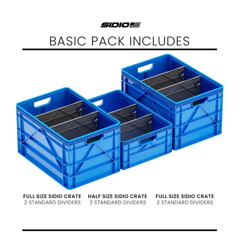 Heavy Duty Stackable Storage Bins With Standard Dividers Rock Solid Blue Plastic Crates for Garage and Closet shown in three varying sizes.