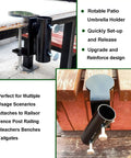 Heavy Duty Steel Umbrella Clamp That Attaches Anywhere A Deck Rail Or Boat Rail 360 Degree Rotatable Umbrella Holder With Double Thumbscrews Tailgate Ready Chair Or Bench Friendly Built To Last With Rust Resistant Powder Coat Black