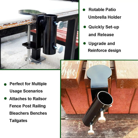 Heavy Duty Steel Umbrella Clamp That Attaches Anywhere A Deck Rail Or Boat Rail 360 Degree Rotatable Umbrella Holder With Double Thumbscrews Tailgate Ready Chair Or Bench Friendly Built To Last With Rust Resistant Powder Coat Black