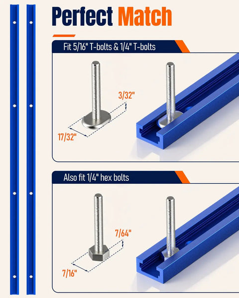 Two Pack 24 Inch Aluminum T Track For Woodworking Jigs And Fixtures, showing bolt compatibility and slot measurements