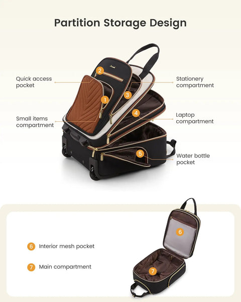 Underseat Carry On Luggage With Wheels Lightweight Soft Sided Personal Item Bag, open compartments showing 7 storage areas.