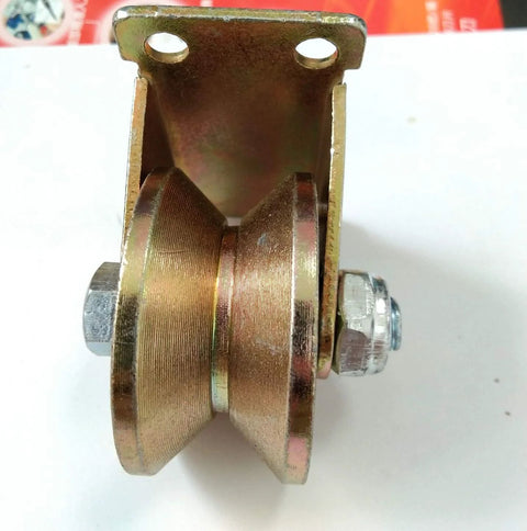 Side view of 2-inch yellow steel V-groove rigid caster wheel on mounting plate