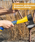 Person using a 14 Inch Wood Hatchet for Serious Outdoorsmen on branch, heavy duty camp chopping axe with forged steel blade.