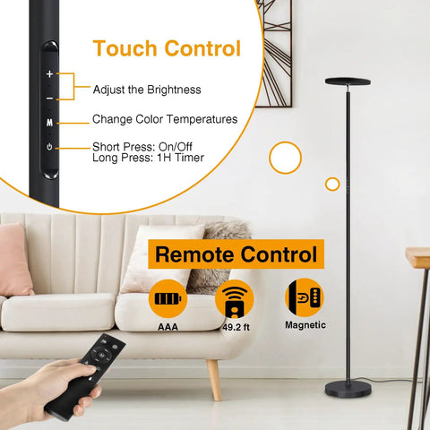 Bright LED Floor Lamp 30W 3000LM Torchiere Standing Lamp in living room with remote and touch control features detailed with icons.