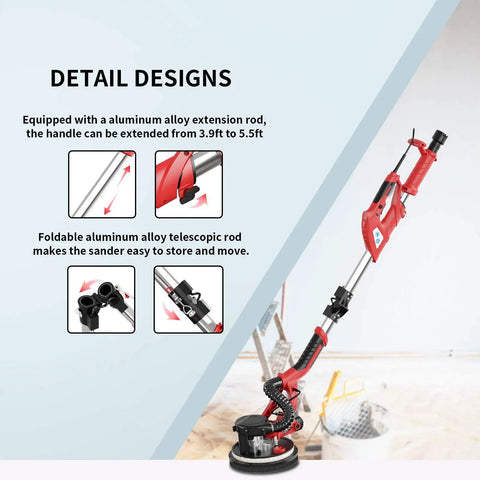 Powerful 750W Drywall Sander with 12 Discs, aluminum alloy extension rod, adjustable from 3.9ft to 5.5ft, Model YT-916